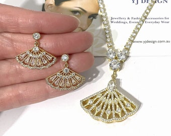Art Deco Bridal Jewelry, Gatsby Bridal Earrings, 1920s Vintage Style Statement Bridal Necklace, Geometric Fan Wedding Jewelry, FANNY