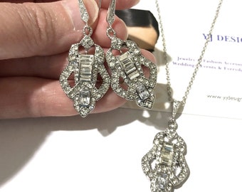 Art Deco Bridal Jewelry, 1920s Vintage Style Bridal Necklace, Gatsby Wedding Earrings, Crystal Dangle Pendant, Wedding Jewelry Gifts, LYRA