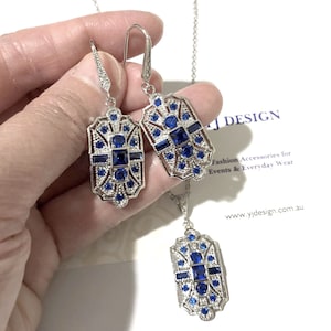 Something Blue Bridal Jewelry, Gatsby Wedding Art Deco Earrings, 1920s Vintage Style Necklace Pendant, Cz Geometric Jewelry, ELITE