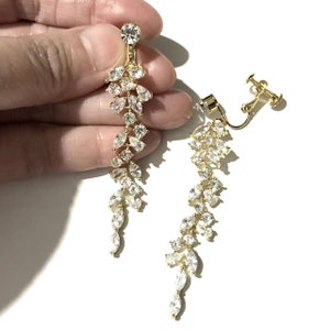 Clip On Cz Bridal Earrings, Silver or Gold Leaf Vines Wedding Earrings, Screw Back Clipon Earrings, Cubic Zirconia Bridal Jewelry, BOTANISTA Yellow, clips