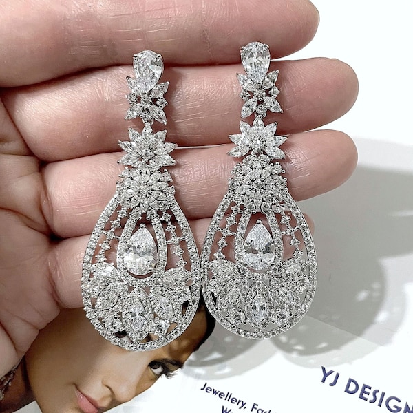 Art Deco Bridal Earrings, Glam Statement Wedding Jewelry, Old Hollywood Glamour Bridal Jewelry, Regency Vintage Style Cz Earrings, STARLET