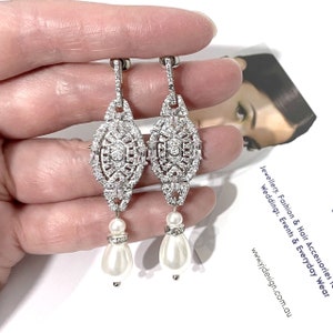 Art Deco Bridal Earrings, Gastby Wedding Flapper Jewelry, 1920s Vintage Style Glam Downton Abbey Jewelry, Cz Pearl Geometric Earrings, CODIA