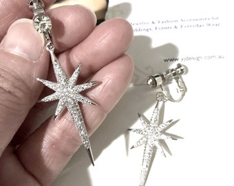 Star Bridal Clip On Earrings, CZ Dangle, Celestial Art Deco Wedding Jewelry, STARLIGHT