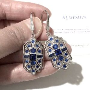 Something Blue Bridal Jewelry, Gatsby Wedding Art Deco Earrings, 1920s Vintage Style Necklace Pendant, Cz Geometric Jewelry, ELITE image 2