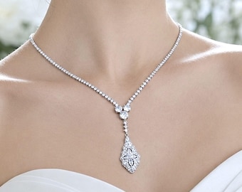 Art Deco Bridal Necklace, Glam Statement 1920s Vintage Style Pendant, Gatsby Wedding Old Hollywood Pave Cz Jewelry Gift, ARIELLA