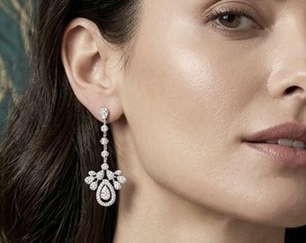 Peacock Wedding Earrings, Art Nouveau Vintage Style Glam Statement Bridal Jewelry, Silver Cz Gifts for Her, NOVA