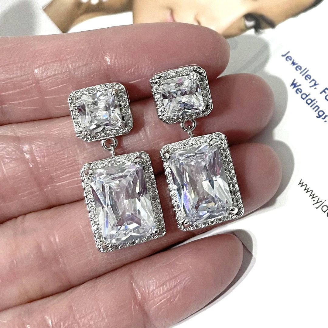 Rectangle Square Bridal Earrings, Princess Emerald Cut