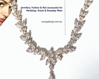 Leaves Bridal Necklace, Boho Wedding Vines, Cubic Zirconia Pearl Drop, Yellow or Rose Gold Jewelry, EVA