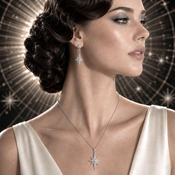 Celestial Starburst Bridal Jewelry Set, CZ Star Earrings and Necklace, Silver Rose or Gold, GALAXY Wedding Gifts