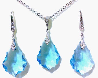 Something Blue Bridal Jewelry, Aqua Bridal Earrings, Aquamarine Necklace, Geometric Art Deco Gatsby Vintage Style Crystal Jewelry, DIVA