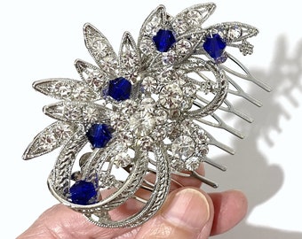 Something Blue Bridal Hair Comb, Sapphire Blue Bridal Hair Jewelry, Crystal Wedding Headpiece, Rhinestone Hair Comb Gift, BOUQUET