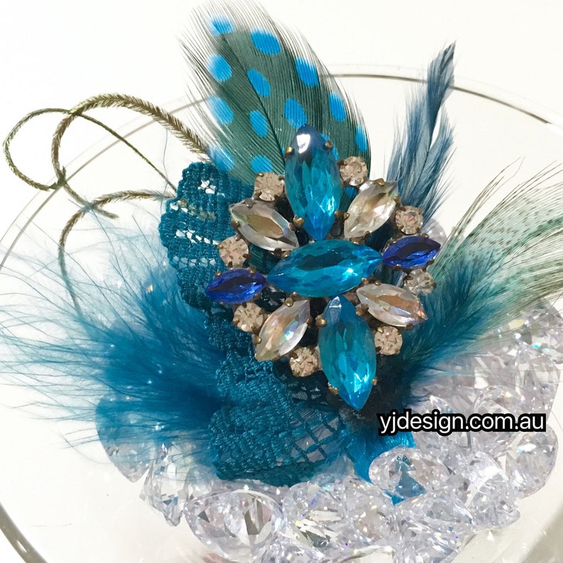 Boho Bridal Fascinator Something Blue Feather Bridal Hair Clip Crystal Pendant Bohemian Brooch Upcycled Vintage Accessory FEATHERTINI