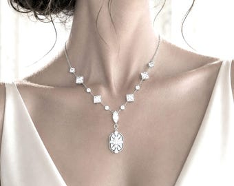 Art Deco Bridal Necklace, Gatsby Wedding 1920s Vintage Style Pendant, Statement Geometric Square Princess Cut Cz Zirconia Jewelry, ELITE