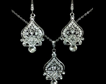 Victorian Wedding Jewelry, Dangle Bridal Earrings, Vintage Style Necklace, Crystal Pendant, Filigree Earrings, Bridal Jewelry Gifts, ALLY