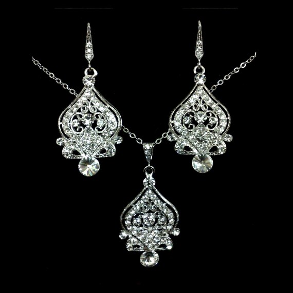 Victorian Wedding Jewelry, Dangle Bridal Earrings, Vintage Style Necklace, Crystal Pendant, Filigree Earrings, Bridal Jewelry Gifts, ALLY