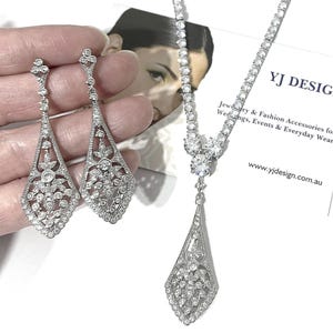 Art Deco Bridal Jewelry Set, Gatsby Wedding Statement Necklace, Geometric Earrings, 1920s Vintage Style Flapper Fashion Accessories