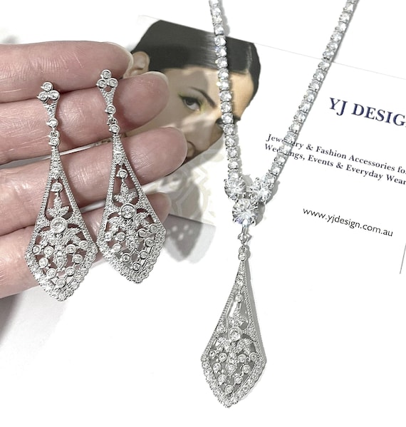 Art Deco Bridal Jewelry Set, Gatsby Statement Cz Necklace