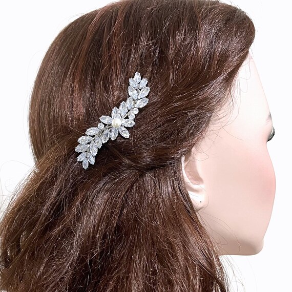 Cz Bridal Hair Clip, Silver Wedding Barrette, Cubic Zirconia 