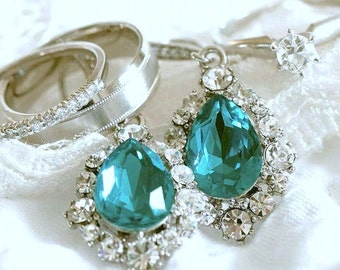 Something Blue Bridal Earrings, Turquoise Bridal Jewelry, Swarovski Wedding Earrings, Crystal Drop Wedding Jewelry, Bridesmaid Gift, BIJOUX