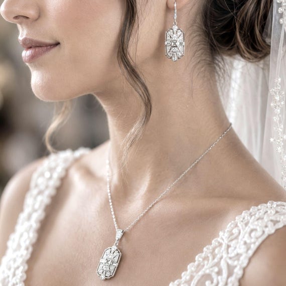 Regency Bridal Jewelry Set, Art Deco Earrings, Gatsby Royal Wedding Necklace, 1920s Vintage Style Cz Rose Gold or Silver Gifts, ELITE