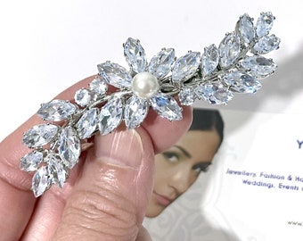 Cz Bridal Hair Jewelry, Pearl Wedding Hair Clip, Leaf Bridal Barrette, Vines Bridal Headpiece, Woodland Vines Wedding Barrette, DELILA