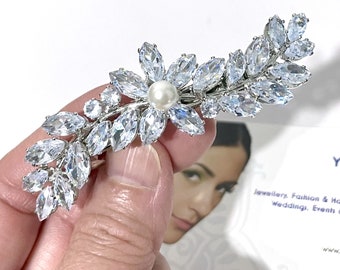 Cz Bridal Hair Jewelry, Pearl Wedding Hair Clip, Leaf Barrette, Vines Headpiece, Garden Wedding DELILA