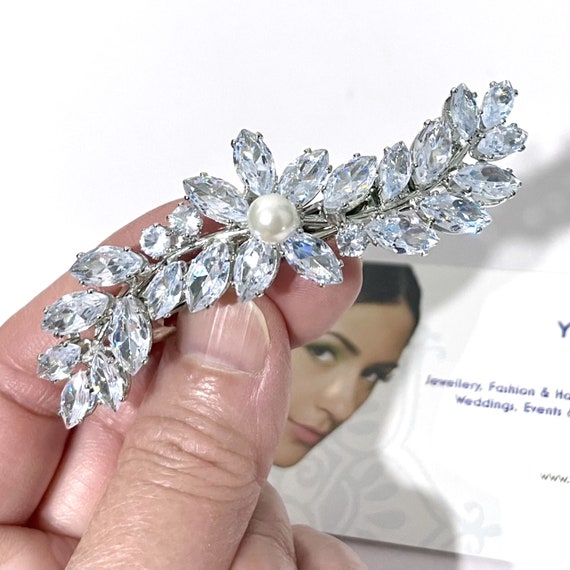 Bridal Crystal Pearl Silver Tiara, Bride Wedding Hair Leaf Zirconia Hair Piece Amazon.com: Formery Pearl Wedding Headband Silver Leaf  main image 2
