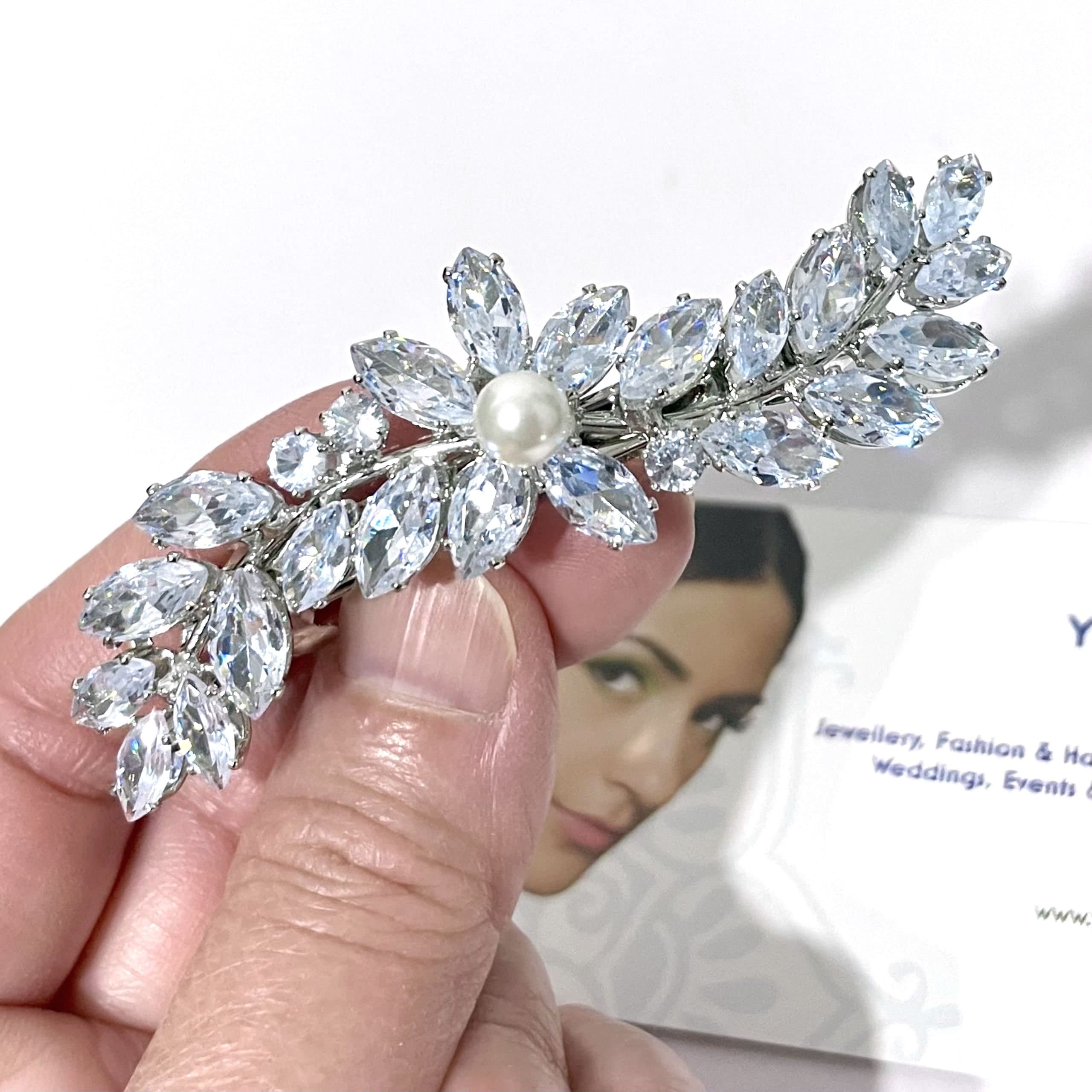 Leaf CZ Pearl Bridal Headband Tiara Wedding Hair Piece Bride Swarovski Crystal Faux Pearls White Floral Vine Leaves  main image 4