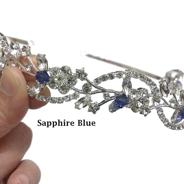 Something Blue Bridal Crown, Sapphire Blue Wedding Tiara, Crystal Tiara, Vines Tiara, Floral Wedding Crown, Bridal Halo, Gift for Her ADORNA