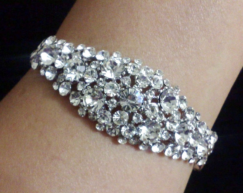 Art Deco Bridal Bracelet, Gatsby Wedding Bangle Bracelet, Sparkly Crystal Clusters Bracelet, Statement Bridal Jewelry, Gift for Her, NECKTIE image 1