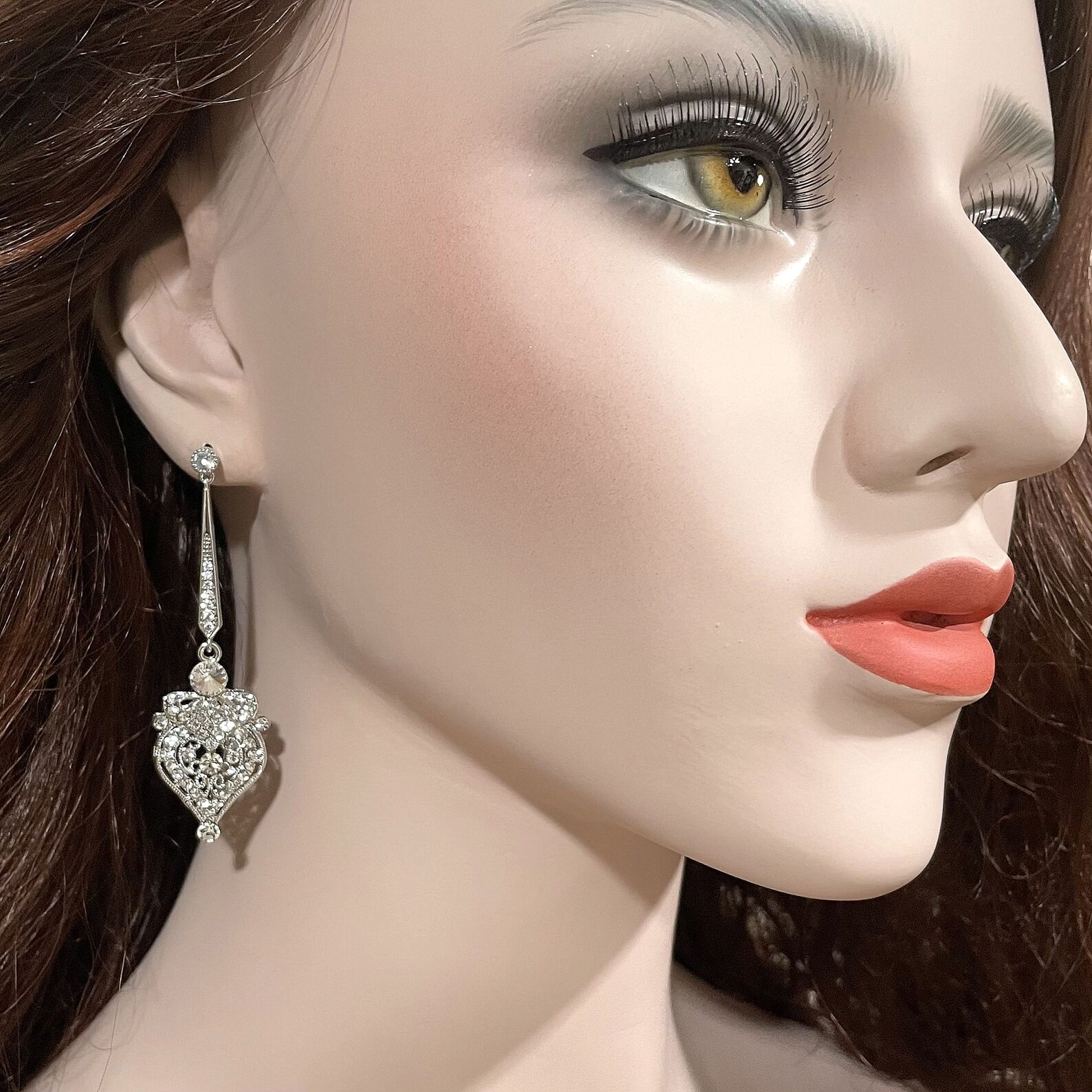 Art Deco Bridal Earrings, Victorian Wedding Filigree Earrings, Crystal