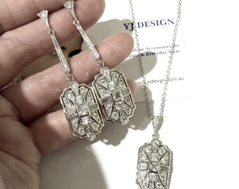 Art Deco Bridal Earrings, Gatsby Wedding Jewelry Set, 1920s Vintage Style Bridal Necklace, Geometric Linear Dangle Edwardian Jewelry, ELITE