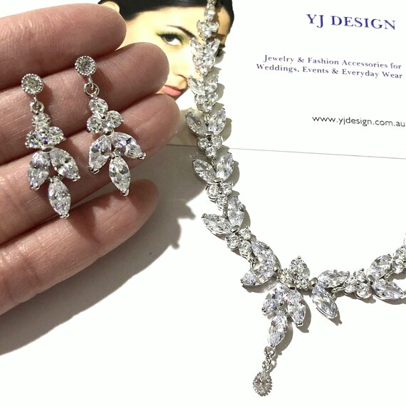 Cz Bridal Jewelry Set, Vines Leaves Bridal Earrings, Woodland Wedding Necklace, Marquise Necklace, Silver Yellow Rose Gold Jewelry, EVA