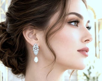 Art Deco Bridal Earrings, Pearl Drop Cz Geometric Dangles, 1920s Vintage Style Flapper Gatsby Wedding Jewelry, ATANIA