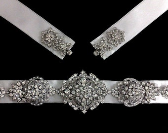 Statement Bridal Sash, Victorian Wedding Belt, Gatsby Sash, Art Deco Wedding Sash, Swarovski Crystal Belt, Silver Ivory Sash, VICTORIA