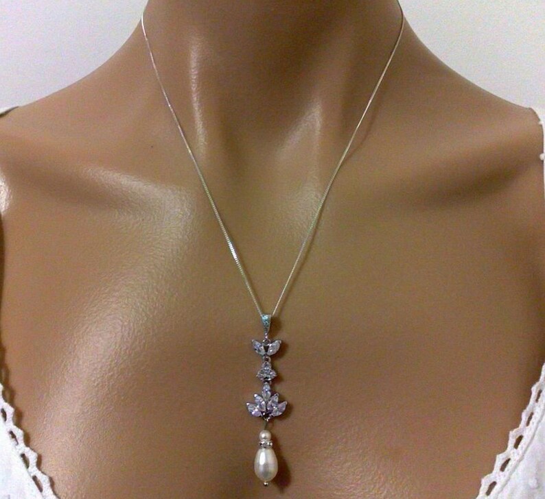 Dangle Wedding Earrings HARMONY Teardrop Wedding Jewelry Pearl Bridal Jewelry Cubic Zirconia Bridal Earrings Cz Drop Bridal Necklace