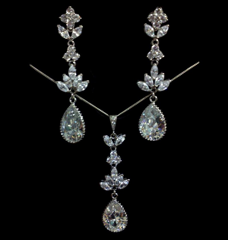 Dangle Wedding Earrings HARMONY Teardrop Wedding Jewelry Pearl Bridal Jewelry Cubic Zirconia Bridal Earrings Cz Drop Bridal Necklace