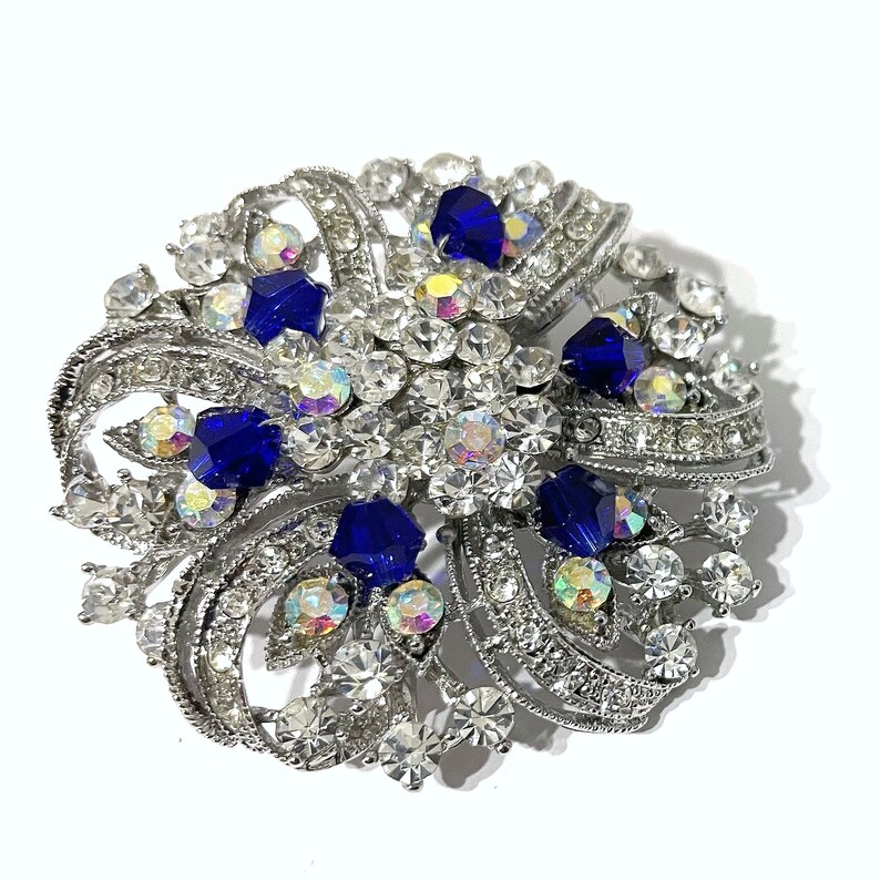 Something Blue Bridal Brooch, Sapphire Blue Pin, Flower Bridal Dress Jewelry, Wedding Jewelry Gift, Clear AB Crystal Wedding Sash Pin, ERIN image 3