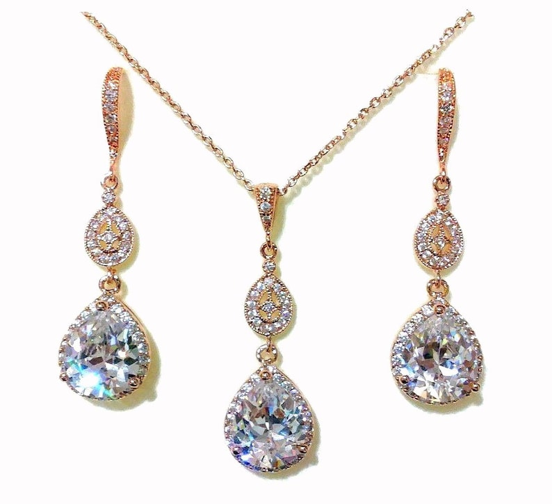 CHICA Rose Gold Bridal Jewelry Set Pear Shape Cubic Zirconia Dangle Jewelry Teardrop Earrings and Necklace