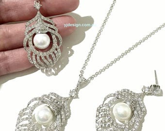 Brautschmuck Set Pfau, Süßwasserperle Hochzeitsohrringe, Pave Cz Brauthalskette, Boho Jugendstil Hochzeitsschmuck, ihre Geschenke, PAVONE