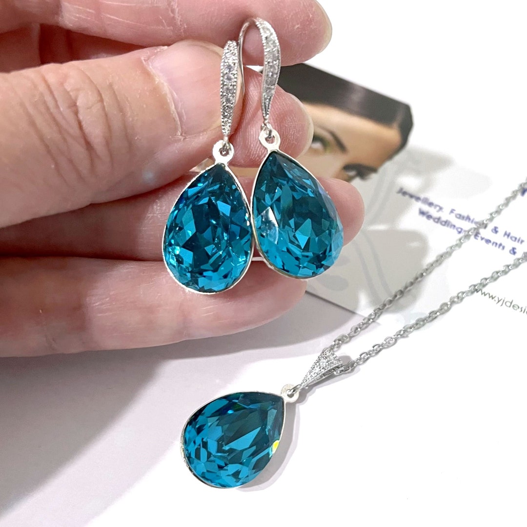 Something Blue Teal Green Bridal Jewelry Set, Peacock Wedding