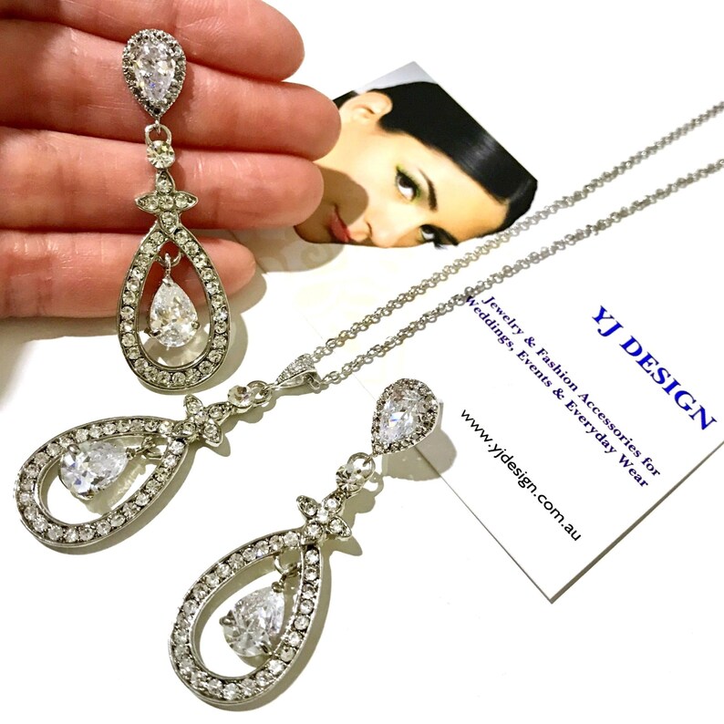 Wedding Earring Antique Silver Clear Dangle Tear Drop CZ Crystal Bridal Earrings
