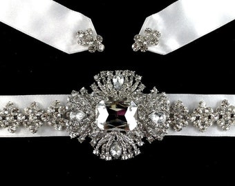 Art Deco Bridal Sash, Gatsby Wedding Vintage Style Belt, Geometric Crystal Ribbon Sash, Bridal Dress Jewelry, Fashion Accessory, ELLANA