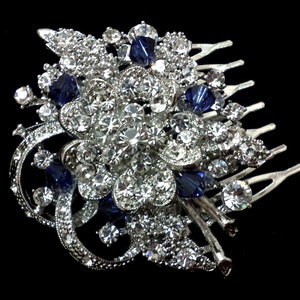 Crystal Bridal Hair Comb, Flower Wedding Headpiece, Bridal Hair Jewelry, Wedding Hair Comb, Something Blue Bridal Headpiece, BOUQUET Sapphire Blue