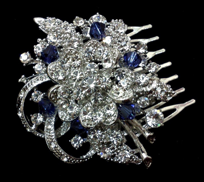 Crystal Bridal Hair Comb, Flower Wedding Headpiece, Bridal Hair Jewelry, Wedding Hair Comb, Something Blue Bridal Headpiece, BOUQUET Sapphire Blue