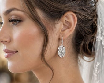 Art Deco Bridal Earrings, Gatsby Wedding 1920s Vintage Style Regency, Geometric Silver or Gold Jewelry Gifts, ELITE