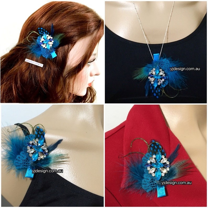 Boho Bridal Fascinator Something Blue Feather Bridal Hair Clip Crystal Pendant Bohemian Brooch Upcycled Vintage Accessory FEATHERTINI