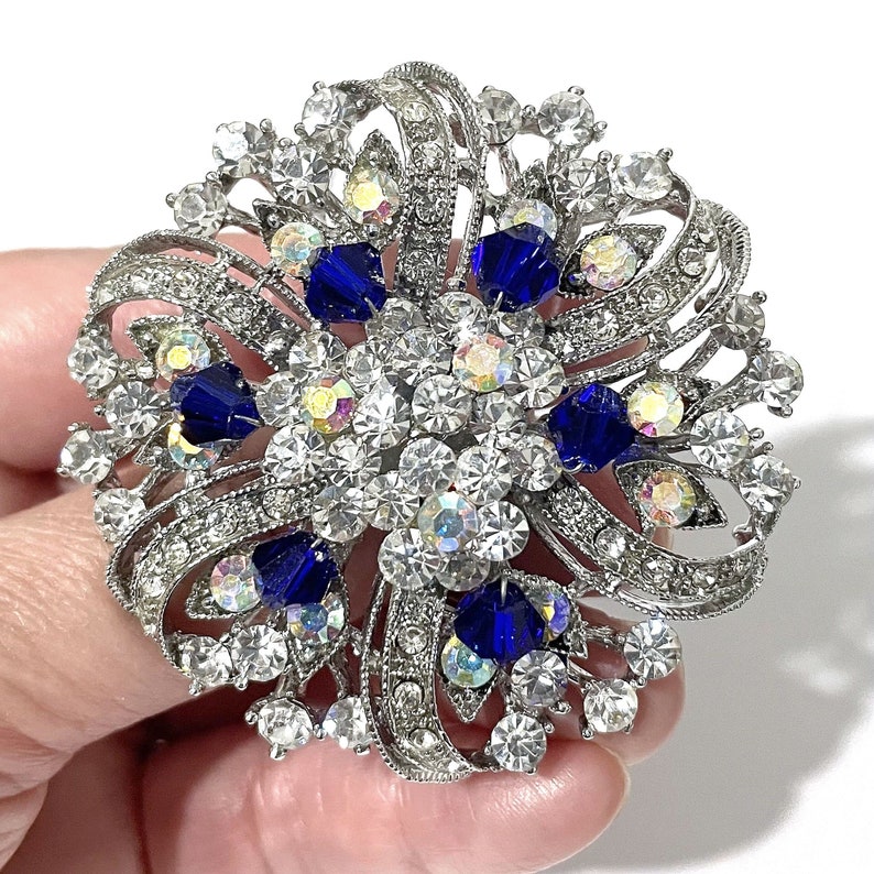 Something Blue Bridal Brooch, Sapphire Blue Pin, Flower Bridal Dress Jewelry, Wedding Jewelry Gift, Clear AB Crystal Wedding Sash Pin, ERIN image 1