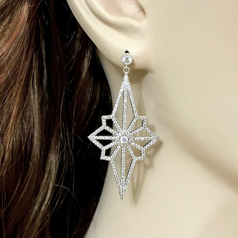Art Deco Bridal Jewelry Set, Moon Star Earrings, Celestial Glam Statement Cz Necklace, Galaxy Wedding, LUNAR Earrings only