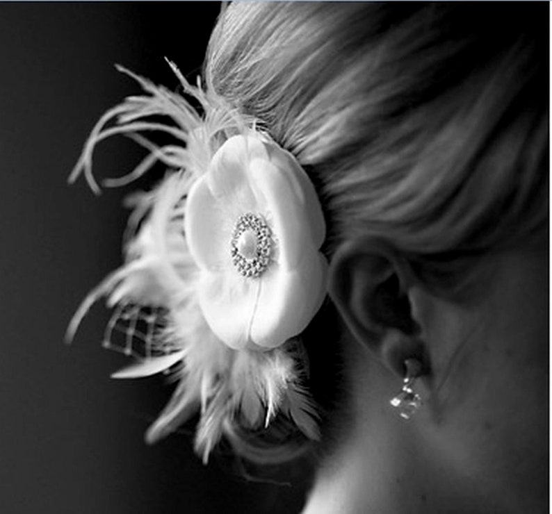 Feather Bridal Fascinator, Wedding Headpiece, Flower Fascinator, Floral Bridal Hair Clip, Bridal Headpiece, RACHEL image 3
